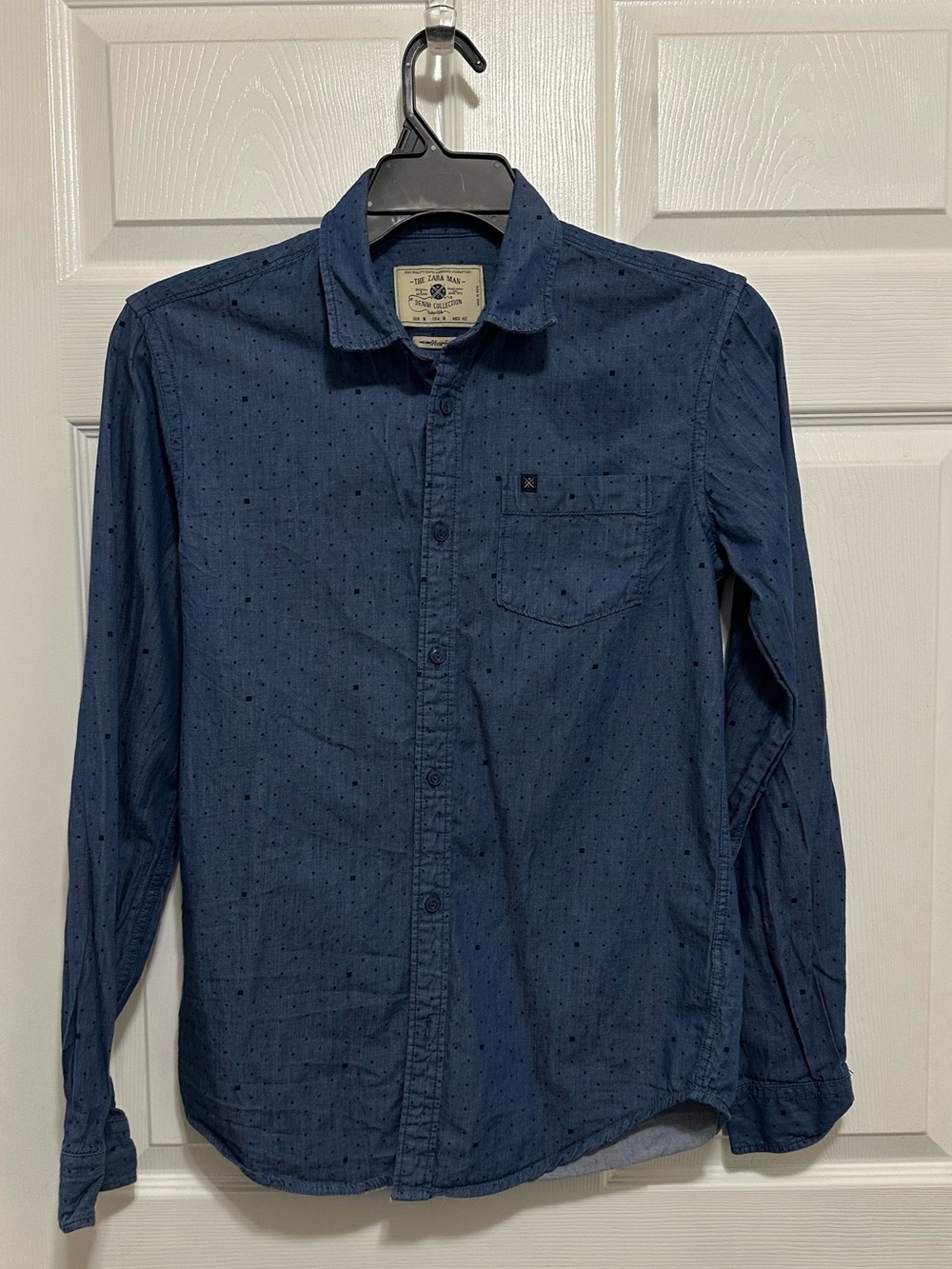 Zara Man Denim Collection Shirt Mens Medium Blue Dotted Long Sleeve Button Up